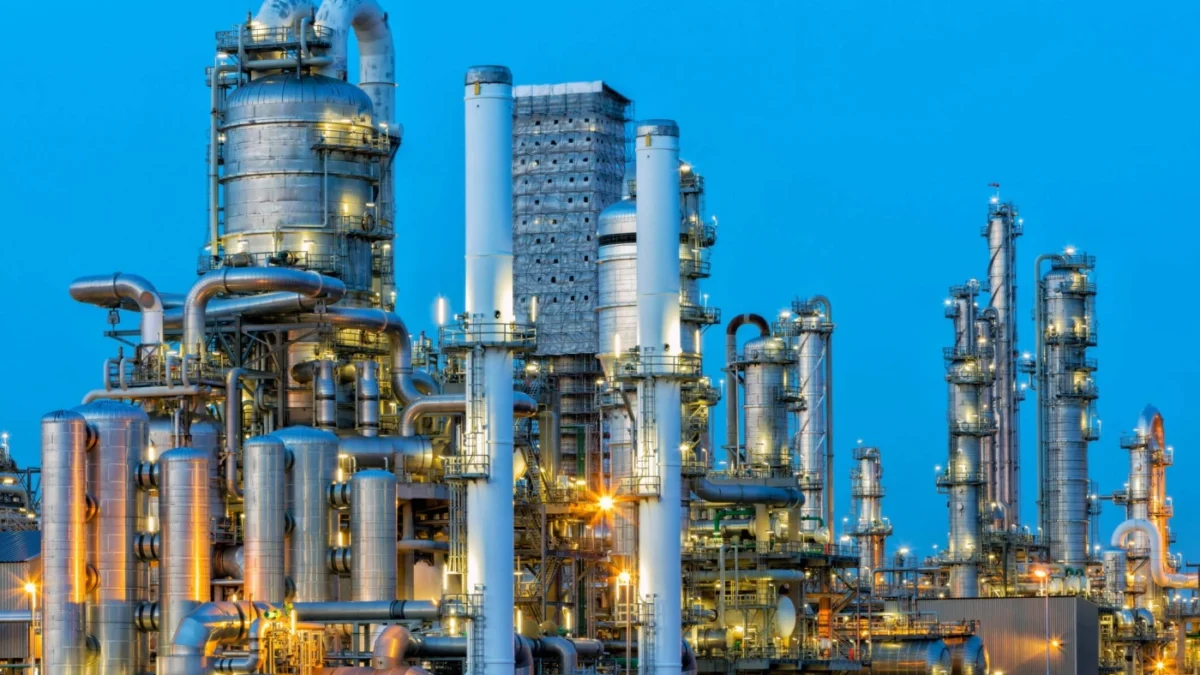 evening scene of chemical plant lit up | KLINGER UK