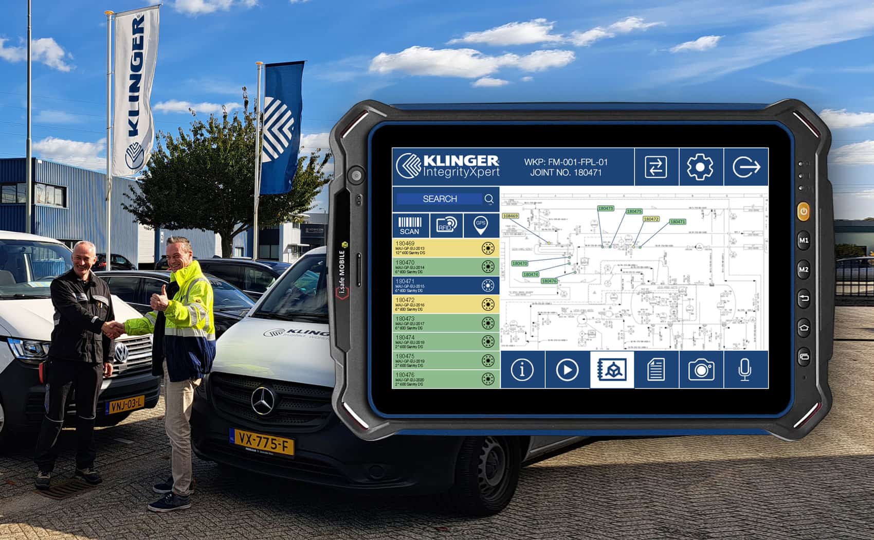 KLINGER UK shaking hands with sitech on exchanging contracts with IntegrityXpert software - software is overlayed above image
